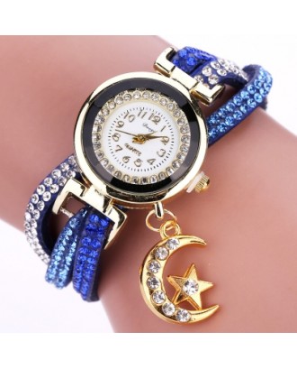DUOYA D039 Arabic Numbers Rhinestones Leather Wrist Watch with Moon Pendant