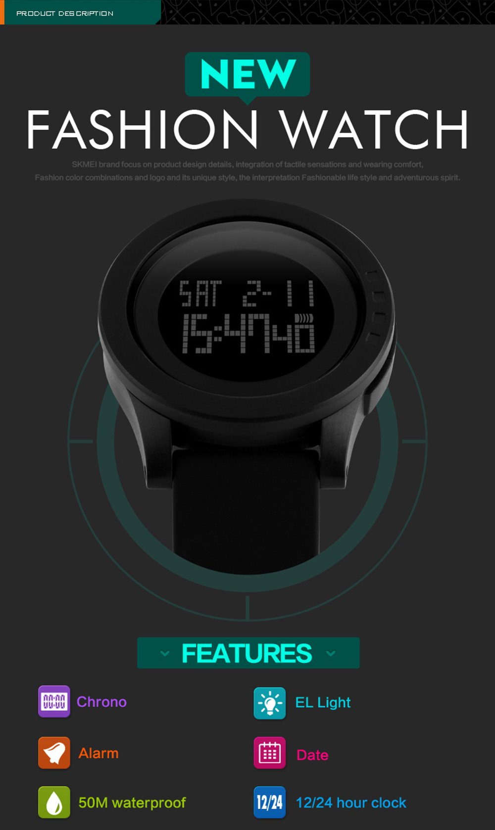 SKMEI 1142 Male Sport LED Digital Watch Water Resistance Wristwatch