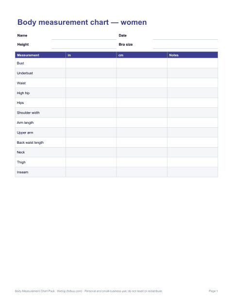 Preview of the first page of Women’s chart (PDF/DOCX)